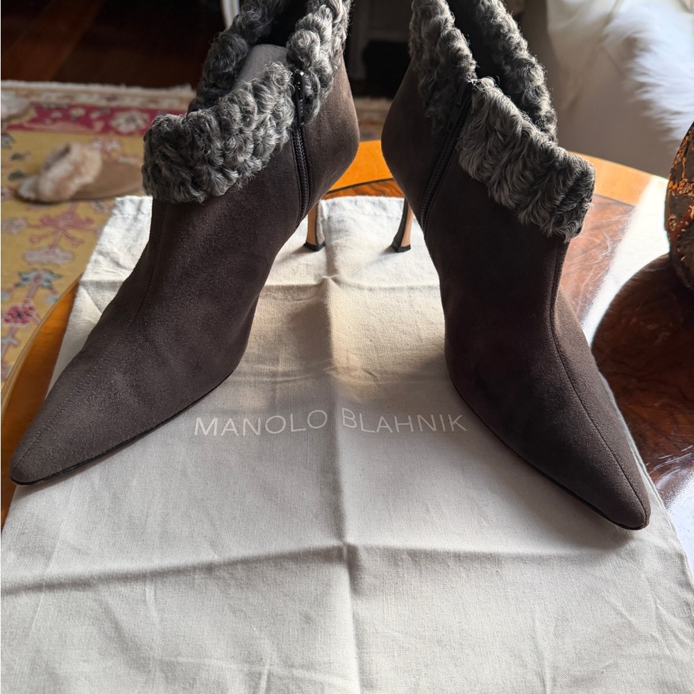 Manolo Blahnik Charcoal Suede Heeled 3”Boots
